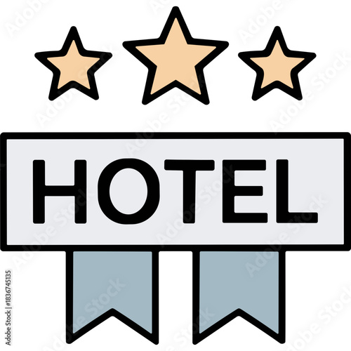 Three Golden Stars Above a White Hotel Sign with Two Blue Ribbons Below in a Flat Design Style Minimalist Iconography Representation of Hospitality and Accommodation Services
