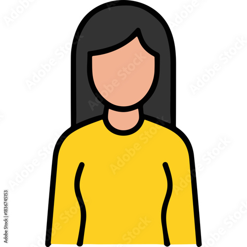 Stylized Vector Portrait of a Woman with Dark Hair Wearing a Yellow Long-Sleeved Shirt Against a Black Background Minimalist Design