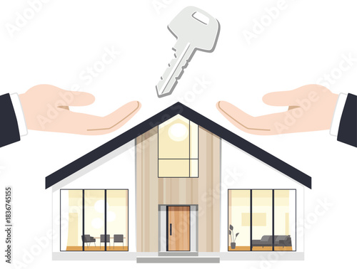 Vector illustration of house key handover with modern Scandinavian home, business real estate concept, モダンなスカンジナビアの家、ビジネス不動産のコンセプト、フラットなデザイン、正面から見た家の鍵の受け渡しのベクターイラスト