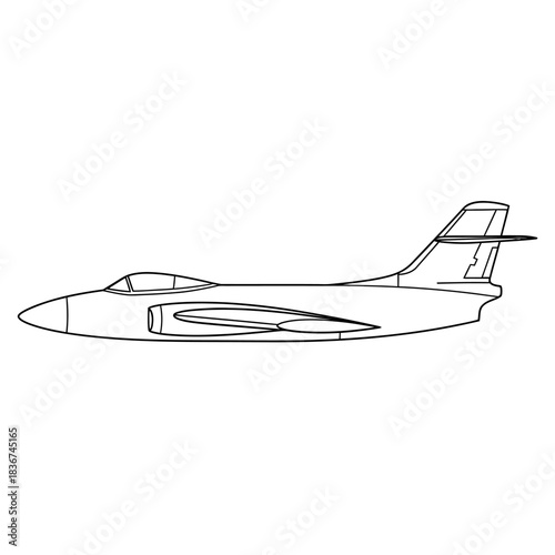 Outline drawing of a vintage military jet aircraft, viewed from the side, ready for coloring activities.