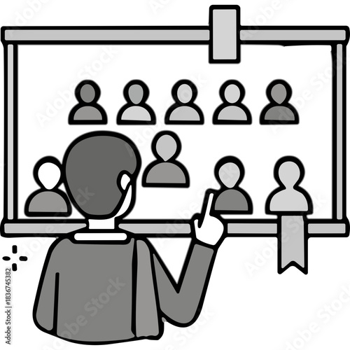 Teacher points to a diagram of people on a chalkboard during a lesson in a classroom setting showing a group of students in rows with one instructor leading the class education and learning concept