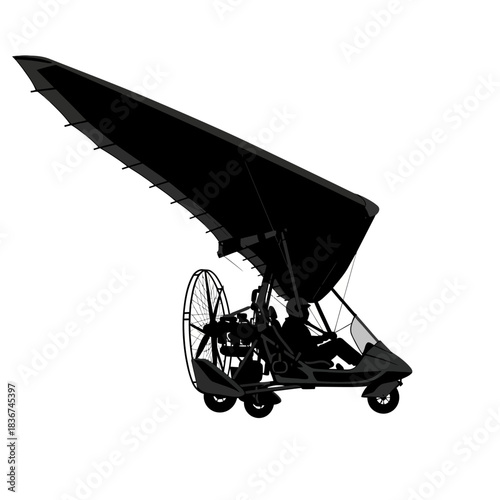 Silhouette of a powered hang glider ultralight aircraft with a pilot, engine, and propeller.