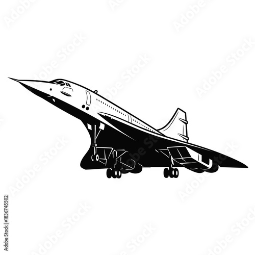 Black and white vector illustration of a Concorde supersonic jet airplane taking off.