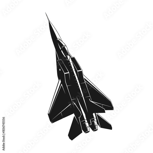 Monochrome vector illustration of a modern military fighter jet flying upwards, depicted in a sleek, dark silhouette against a white background.
