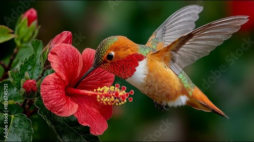 A vibrant hummingbird hovers gracefully in front of a bright red hibiscus flower. The bird's iridescent feathers shimmer in the sunlight as it flaps its wings rapidly 