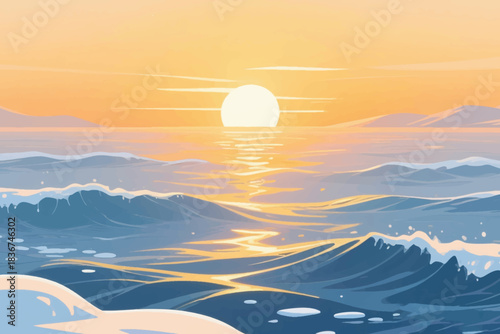 Scenic ocean sunset with golden sky, gentle waves, and distant landforms in soft pastel tones.
