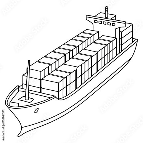 A simplified outline illustration of a large cargo ship carrying many stacked shipping containers across the ocean