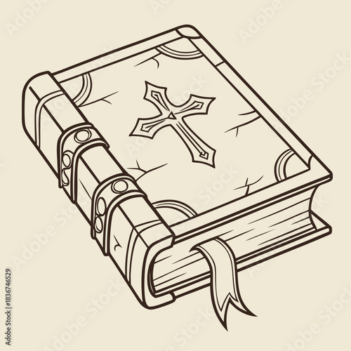 Ancient holy bible with ornate cross embossed on cracked leather cover and ribbon bookmark