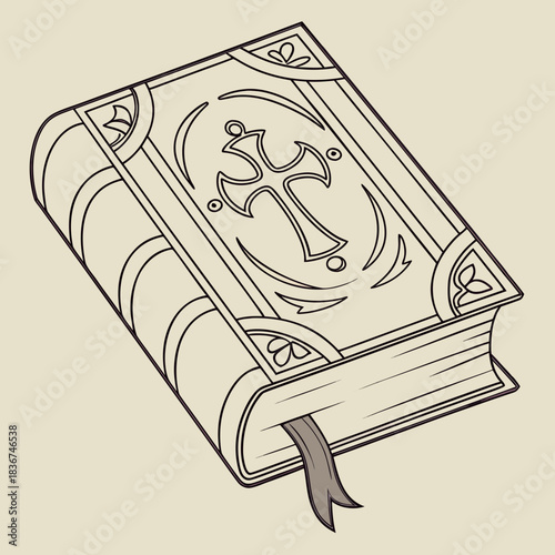 An antique open book with a prominent cross symbol on its cover and a ribbon bookmark peeking out from its pages