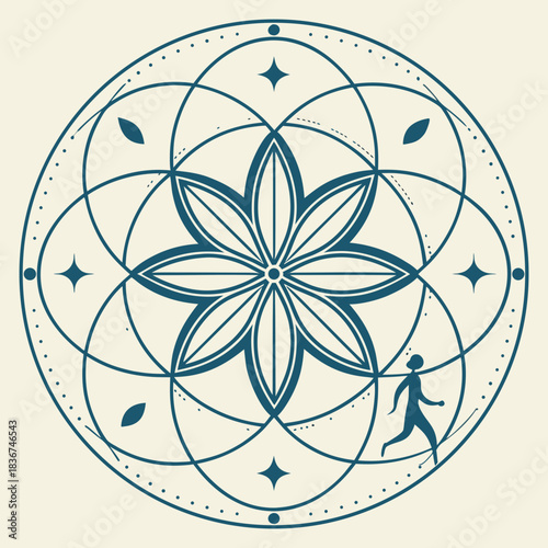 Stylized geometric mandala with a running figure symbolizing progress and personal growth within a spiritual or cosmic design