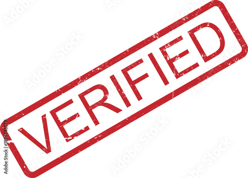 Distressed red verified stamp shows completion with a grungy authentic appearance on transparent background