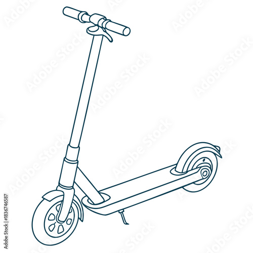 Simple outline drawing of a modern electric scooter with handlebars deck and wheels on a white background