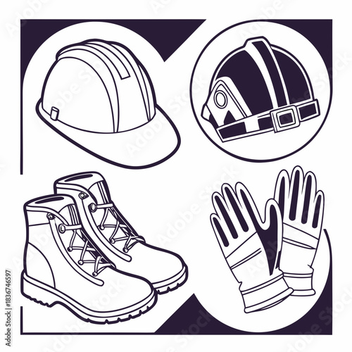 Collection of industrial safety equipment including a hard hat construction helmet work boots and protective gloves presented in a clean line art style