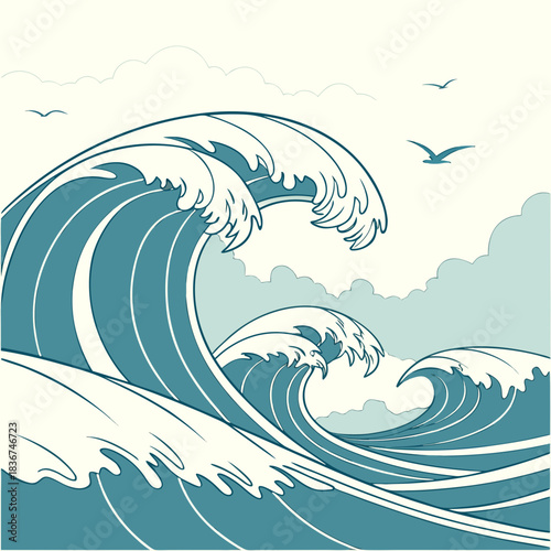 Stylized illustration of powerful ocean waves crashing under a cloudy sky with soaring seagulls in a serene blue and cream color palette