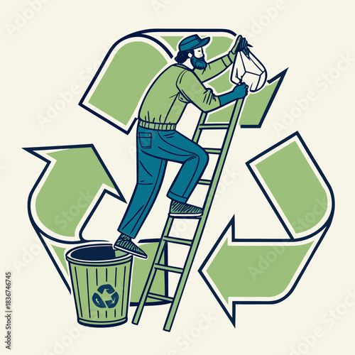 Man climbing ladder to place trash bag into recycling bin with large recycling symbol in background