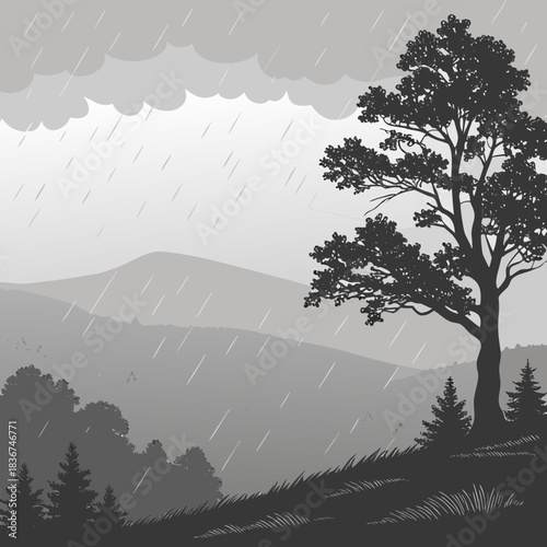 A solitary silhouette of a large deciduous tree stands tall against a backdrop of rolling hills and falling rain under a cloudy sky