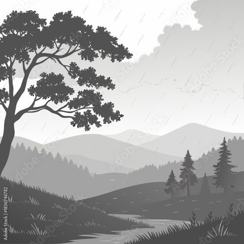 Monochromatic serene landscape with a large silhouetted tree in the foreground and rolling hills under a rainy sky
