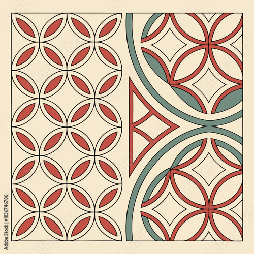 Geometric pattern with interlocking circles and diamond shapes in red teal and cream colors