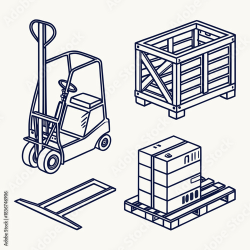 Isometric line art illustration of a forklift wooden crate pallet with boxes and pallet jack on a white background