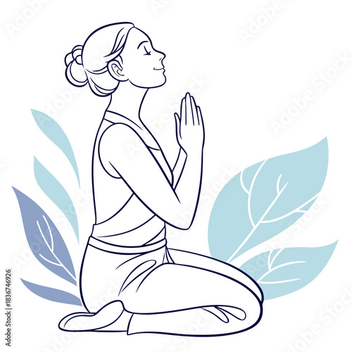 Serene woman in prayer pose meditating peacefully with eyes closed surrounded by abstract soft blue leaves and white background