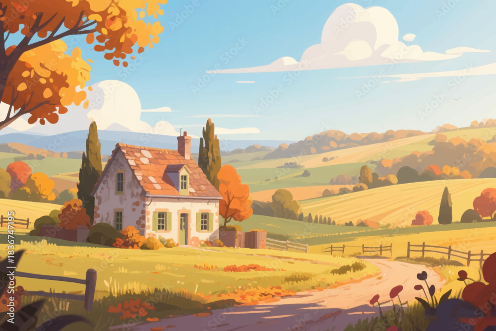 Fototapeta premium Charming stone cottage in autumn landscape with vibrant trees, winding path, and warm sunlight.