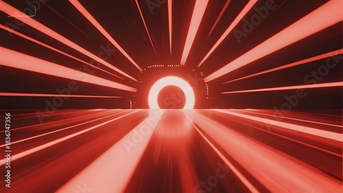 Red tunnel with glowing light at the end, featuring radial streaks and futuristic design