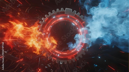 A glowing mechanical gear surrounded by fire and smoke in a futuristic industrial setting