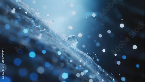 Close-up of water droplets on a surface with bokeh light effects in a blue-toned environment