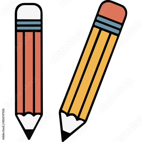 Two Colored Pencils One Orange and One Yellow with White Erasers and Blue Bands on a Black Background Simple Flat Design