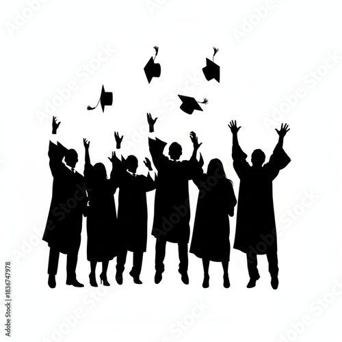 The silhouette of a group of graduating students throwing their graduation caps in the air with a white background. 