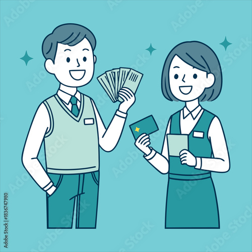 Friendly financial transaction between a cheerful customer and a smiling service representative, highlighting excellent customer care and smooth banking operations