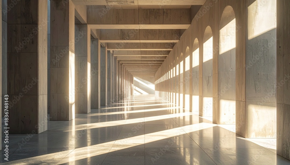 Naklejka premium An expansive, sunlit concrete arcade with repeated arches and pillars, perspective view