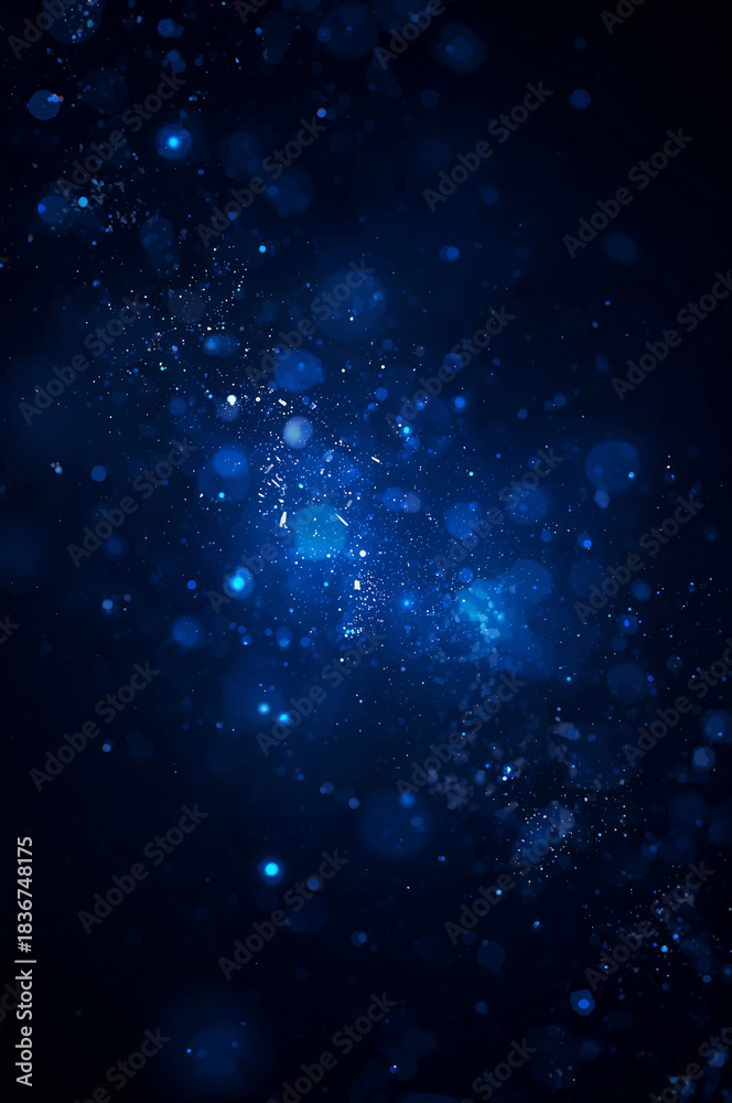 Fototapeta premium 濃紺のグラデーションに光の粒が浮かぶ縦長抽象背景ビジネスとIT両方に使いやすい背景素材.生成AI