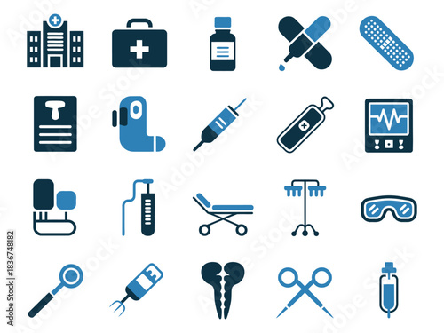 A collection of medical icons including a hospital, first aid kit, and various healthcare tools.