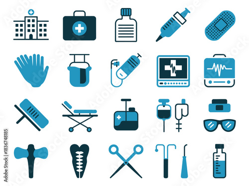 A collection of medical icons including a hospital, syringe, and first aid kit in blue tones.