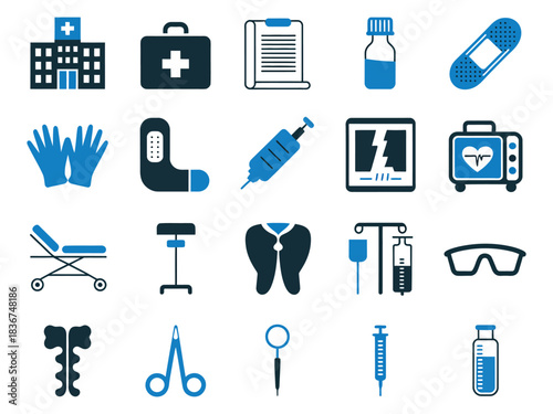 A collection of medical icons representing healthcare tools and equipment in various shades of blue.