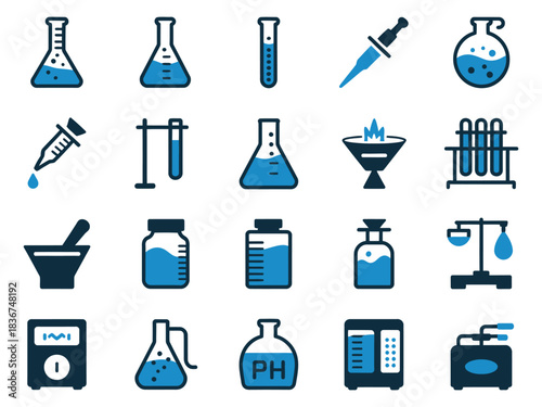 Collection of science lab tools and equipment in blue and white, symbolizing research and discovery.