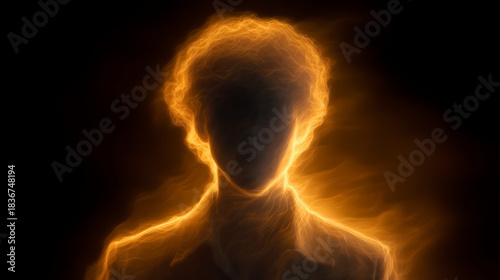 Luminous silhouette glowing aura abstract portrait fiery outline ethereal energy burning light halo effect dark background mystical figure surreal art. Luminous silhouette glowing aura abstract