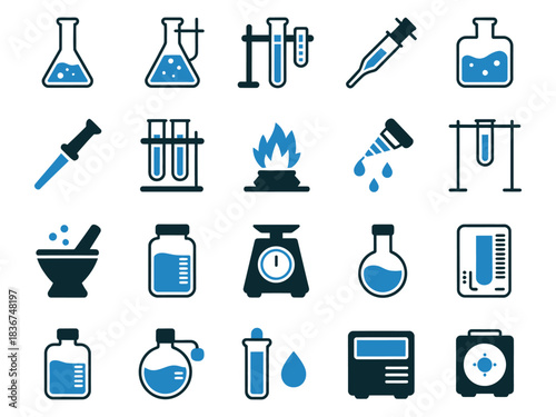 Assorted laboratory icons representing various scientific tools and equipment.