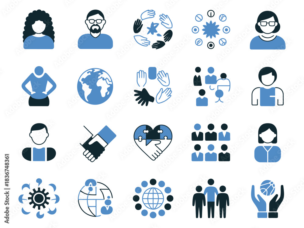 Fototapeta premium Diverse icons representing teamwork, connection, and global collaboration in various shades of blue.