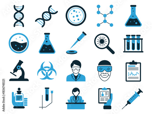 Collection of scientific icons depicting various laboratory tools and biological symbols in blue tones.