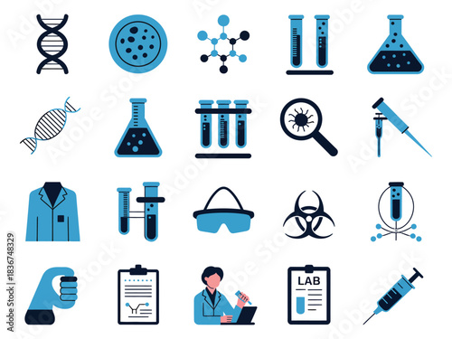 Collection of scientific icons depicting laboratory equipment and research elements in blue tones.