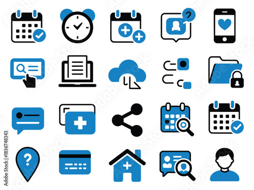 Collection of blue and black healthcare icons representing scheduling and digital communication.