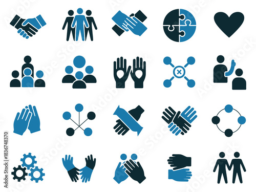 A collection of icons illustrating teamwork, cooperation, and connection concepts in blue tones.
