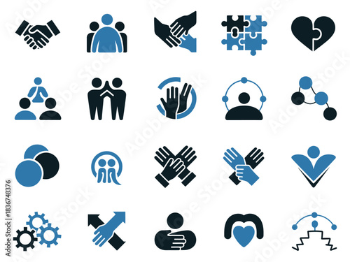 A collection of diverse teamwork and partnership icons in blue and black tones.