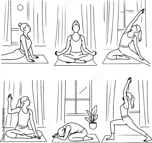 Woman practicing lotus-pose yoga in a simple vector meditation illustration