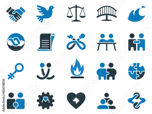 Diverse symbols representing unity, peace, and relationships in vibrant blue and gray tones.