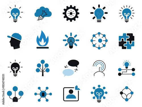 Innovative icons representing creativity, collaboration, and problem-solving in shades of blue and black.