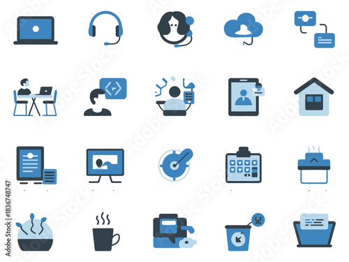 A collection of blue-themed icons representing remote work, communication, and technology.