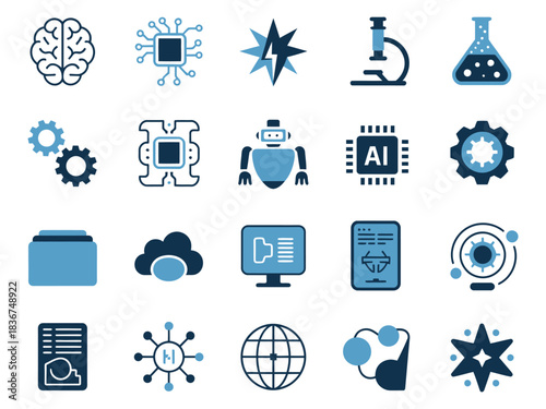 A collection of technology and science icons showcasing AI, research, and innovation.